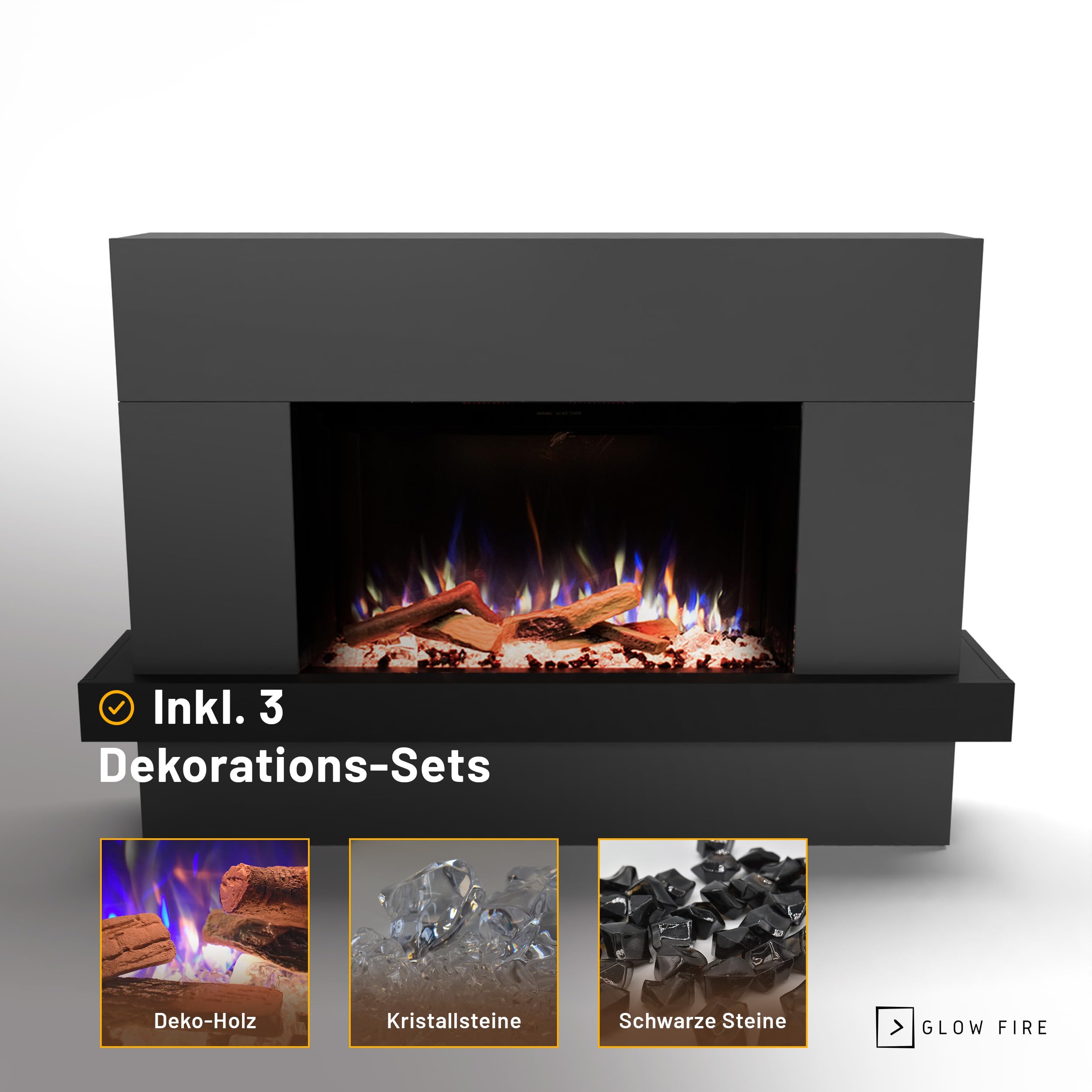 GLOW FIRE Stufa a camino PR9 con fiamme LED 3D E-Motion realistiche - Caminetto elettrico da terra con riscaldamento, fuoco da camino, timer, max 1500 W, 150x100x37 cm, Grigio