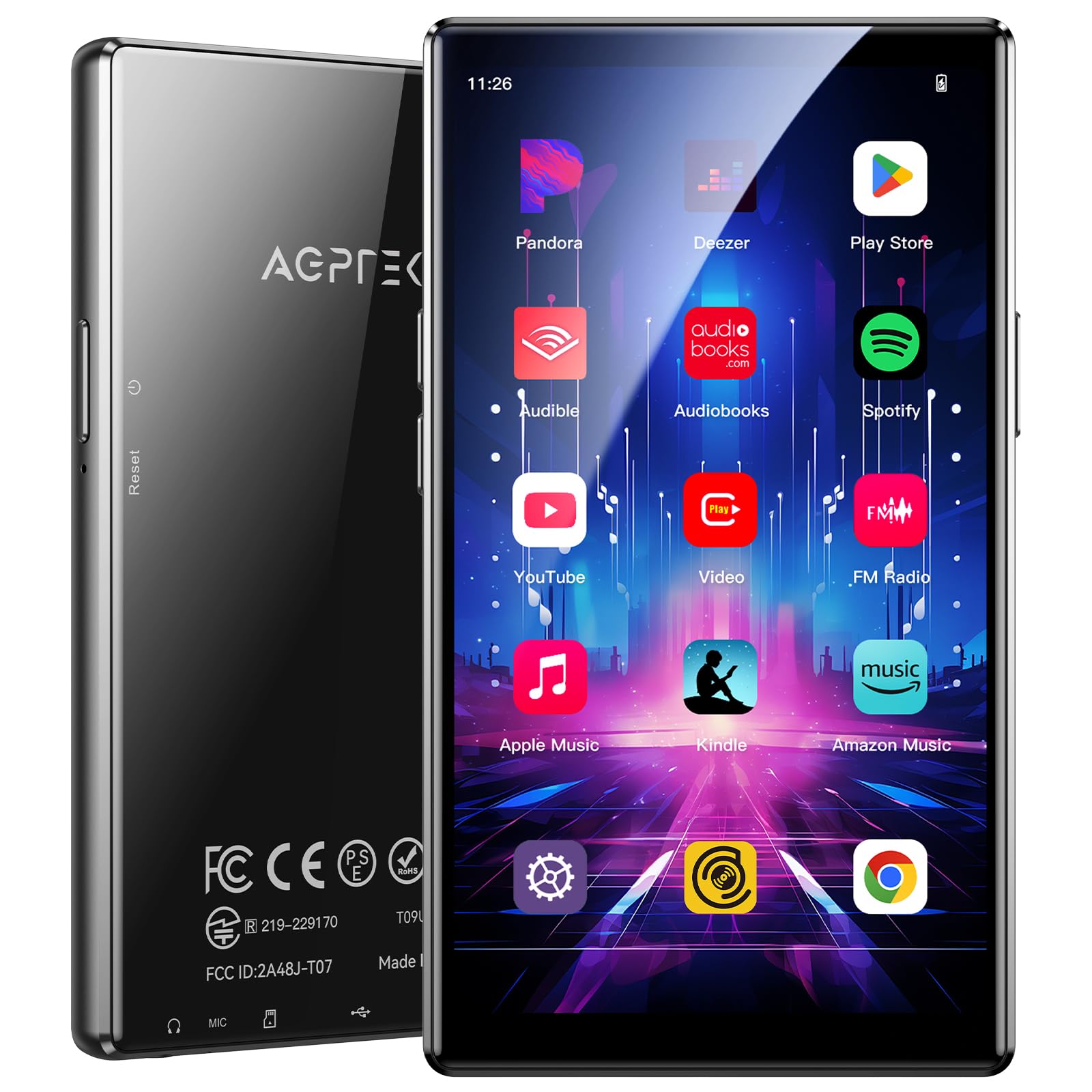 AGPTEK 128Go Lecteur MP3 Bluetooth WiFi, MP4 Spotify Android 13 avec 5"Écran Tactile HD, Compatible avec Deezer, Amazon Music, YouTube, Pandora, Audible, Libby, MP4 Enfant avec Contrôle Parental, Noir
