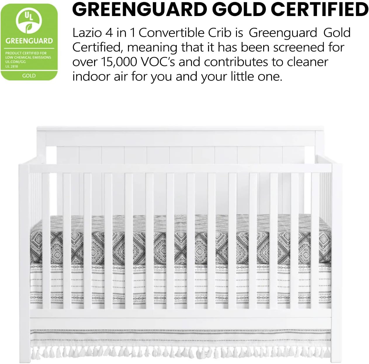 Oxford Baby Lazio 4-in-1 Convertible Baby Crib, Snow White, GreenGuard Gold Certified