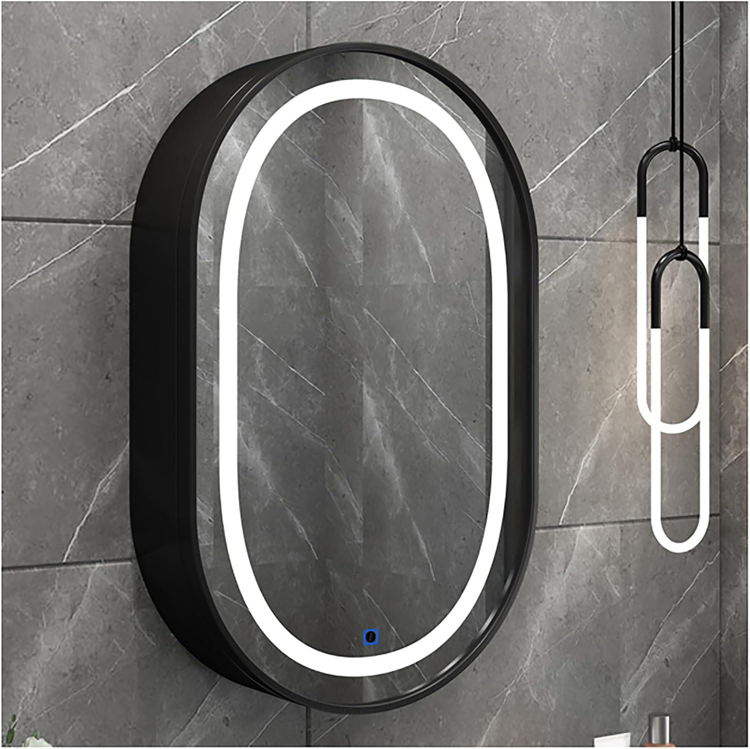ZTGL Medicine Cabinets, LED Bathroom Mirror Cabinet, 3 Color Dimmable, Oval Vanity Mirror Bathroom, with Hidden Shelves, for Toilet, Bathroom Wall Storage Cabinet,Black,50x80cm