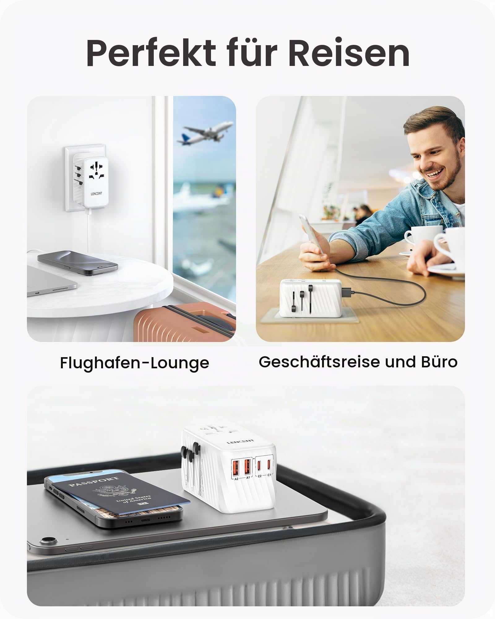 LENCENT 100W Reiseadapter Weltweit - Worldwide USB C Steckdosenadapter | Typ A/G/C/I Universal Adapter mit 2xUSB C & 2xUSB A, Schnellladung für USA UK Japan Thailand Australien