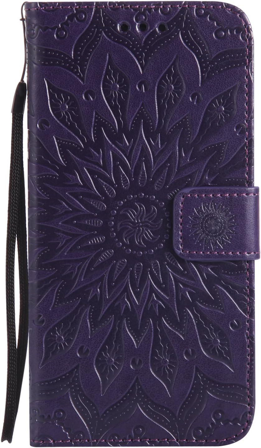 A-slim Galaxy Note 5 Wallet Case, (TM) Sun Pattern Embossed PU Leather Magnetic Flip Cover Card Holders & Hand Strap Wallet Purse Case for Samsung Galaxy Note 5 - Purple