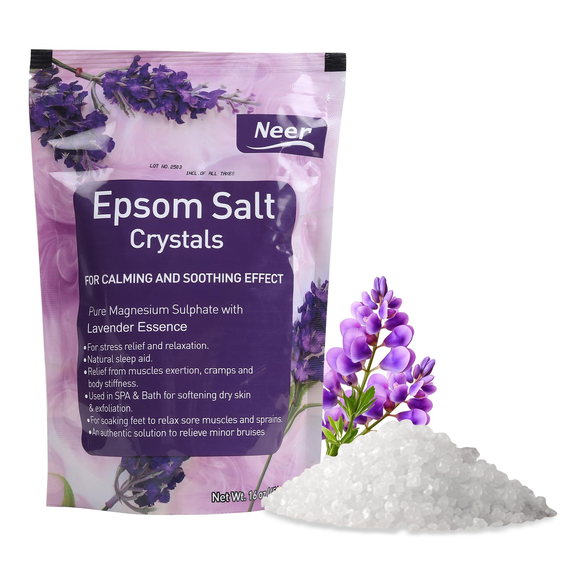 Neer Epsom Salt Crystals with Lavender – 454g | For Stress Relief, Muscle Relaxation, Foot Soak & Skin Softening | Pure Magnesium Sulphate for Bath, Spa & Shower Use