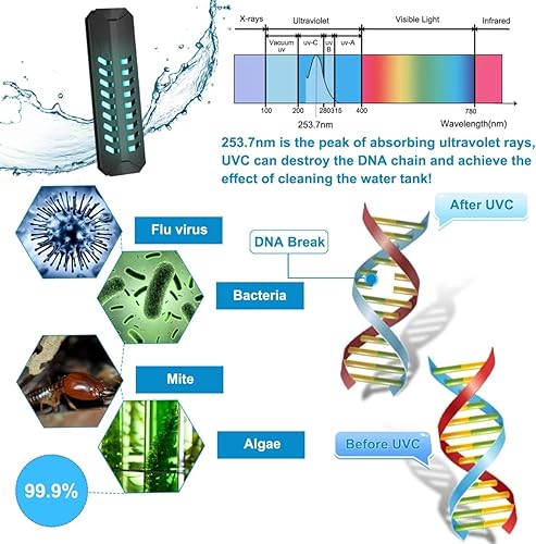 Miniatura 2 de TAISHAN Luz limpia para acuario, 15 W, desinfectante UV, luz sumergible con temporizador, doble tubo para acuario, agua limpia, verde, transparente,