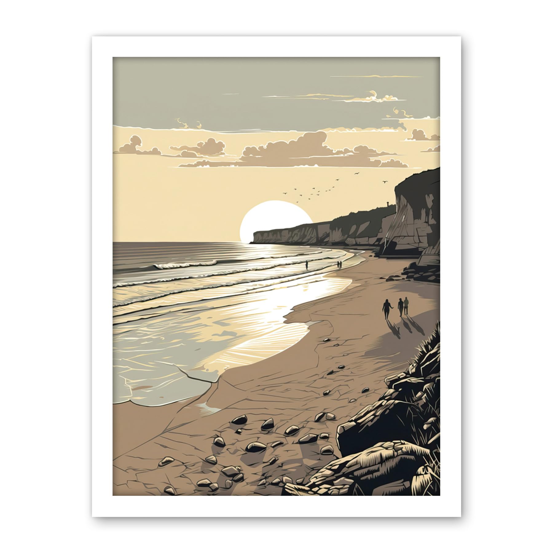 Artery8 Sunrise Walk on Filey Beach Coastal Illustration Artwork Framed Wall Art Print 18X24 Inch