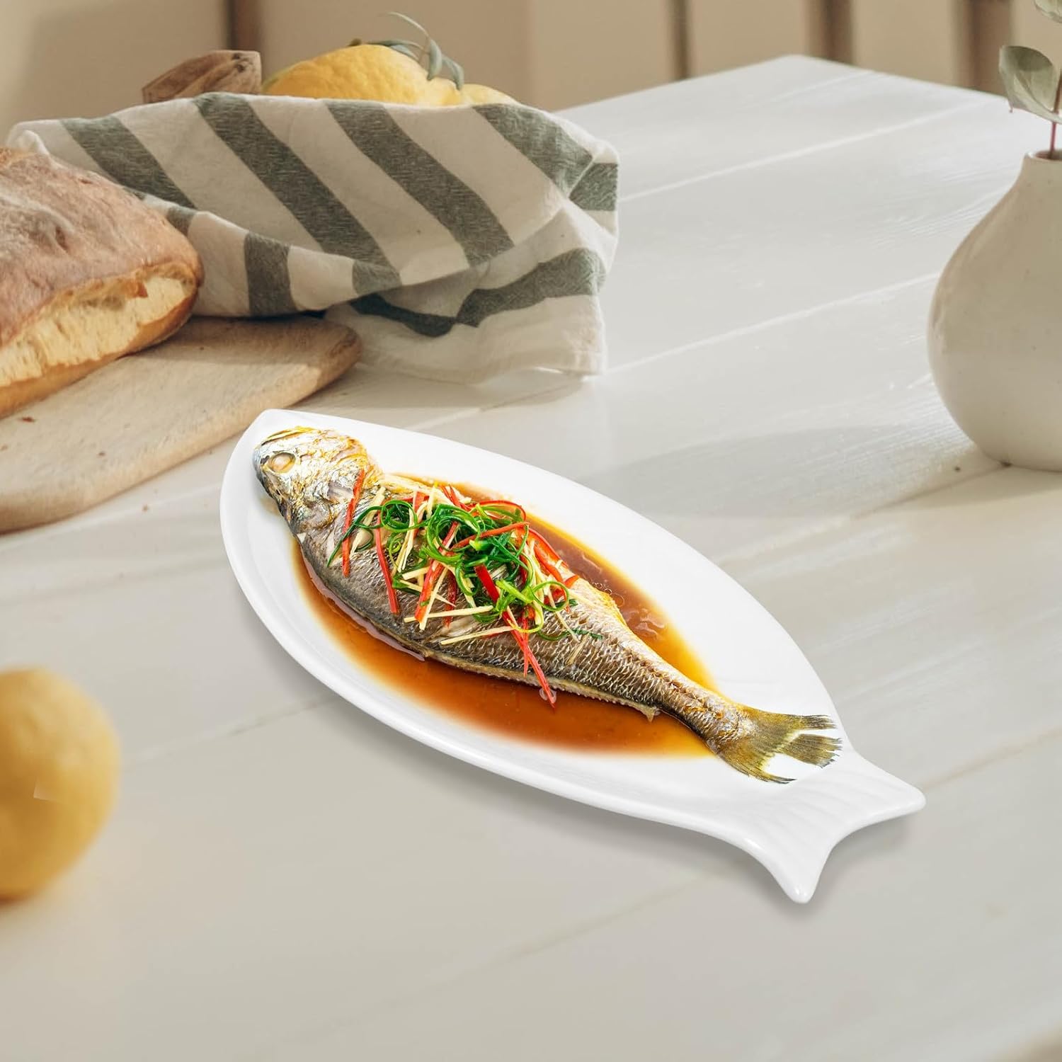 Ceramic Fish Serving Plate White Porcelain for Seafood Presentation