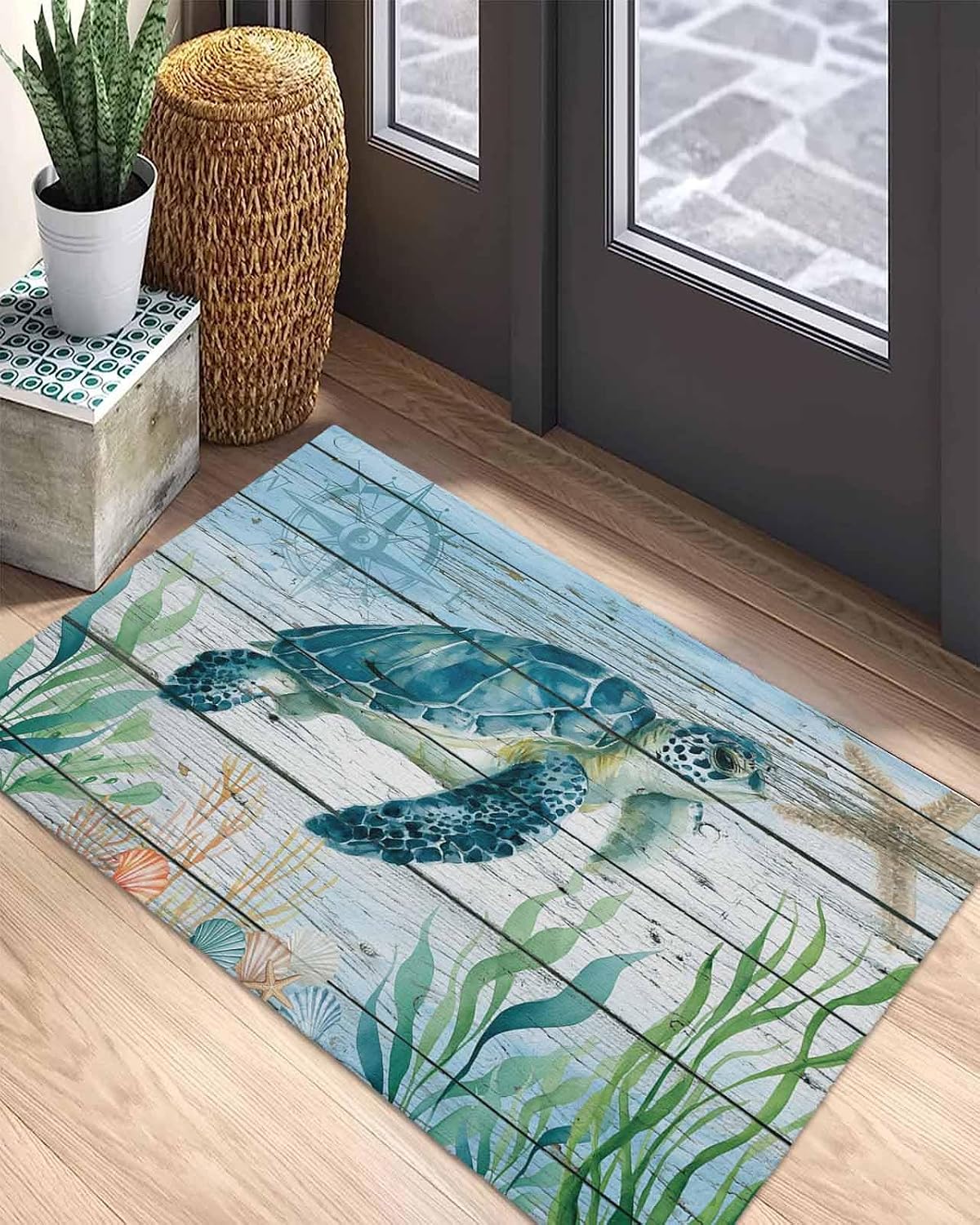 Front Door Mat Indoor Outdoor Sea Turtle Seagrass Starfish Non-Slip Doormat Low Profile Patio Porch Entryway Rug 24x36in Nautical Compass Blue Gradient