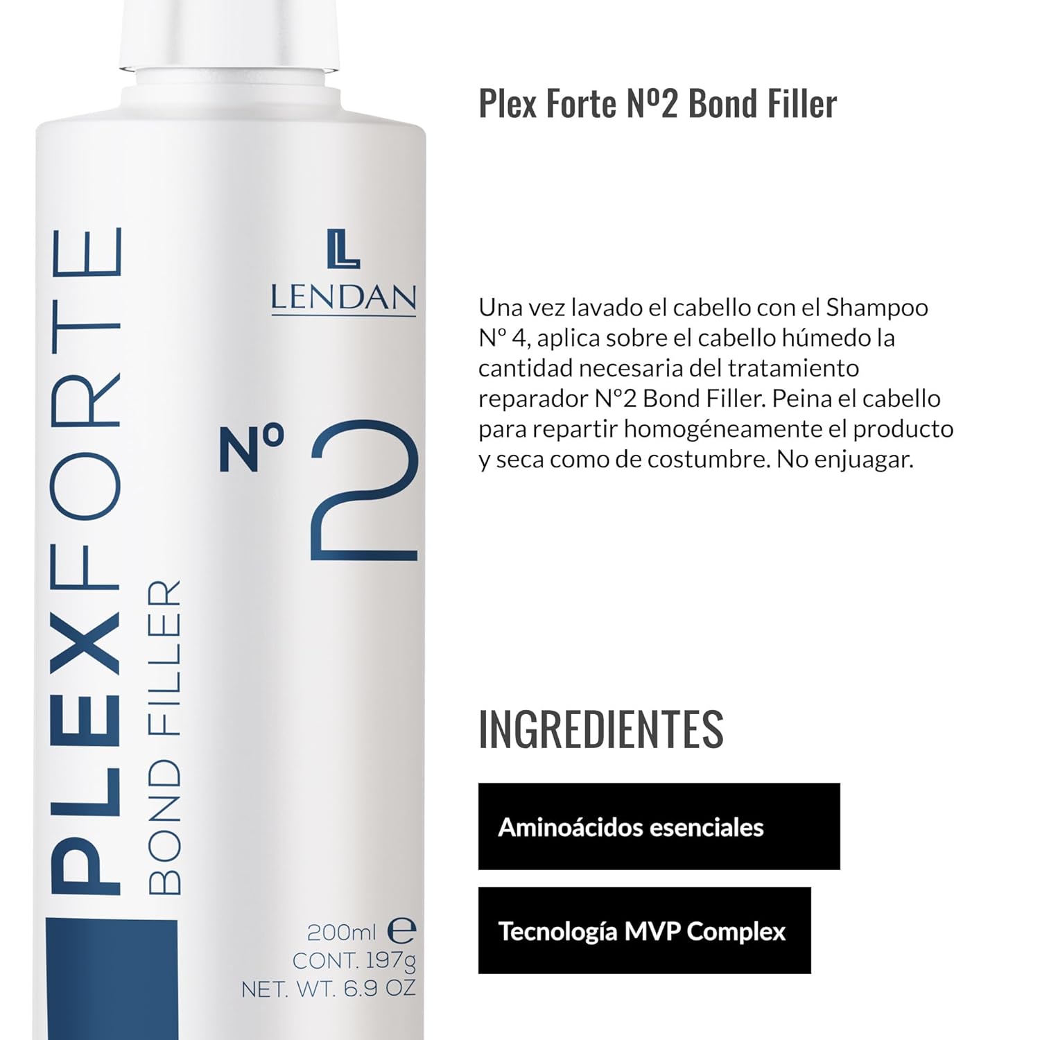 Lendan - Damaged Hair Repair Treatment - Plex Forte Nº2 Bond Filler - 200 ml - Strengthens Hair - Nourishes and Repairs Damaged Hair - Preserves Color Longer - Heat Protector