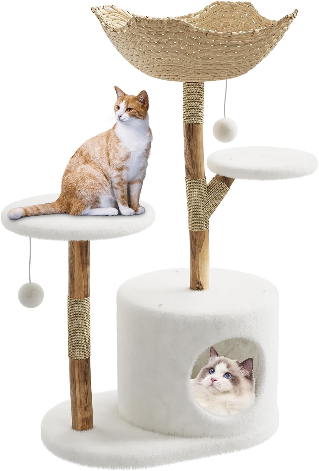 Modern Cat Tree Solid Wood Cat Tree with Condo & Scratching Posts Multi-Level Tower Furniture for Indoor Cats, Boho Chic Aesthetic Perch & Playhouse