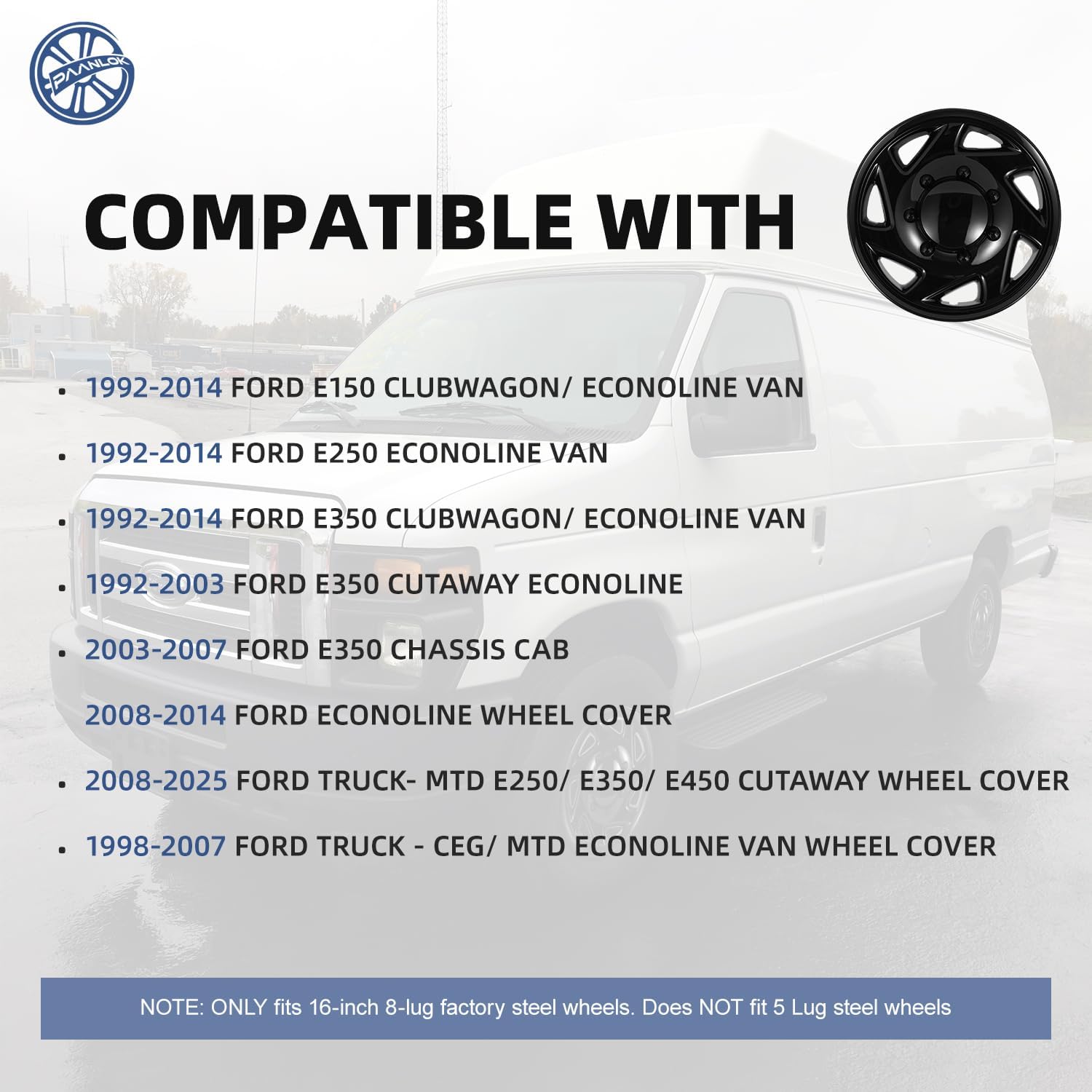 16 Inch OEM Replica Wheel Covers for 1992-2025 Ford E150 E250 E350 E450, Fits 8-Lug SRW Steel Wheels, OEM#F8UZ-1130-AA Replacement, 4-Pack Black Hubcaps