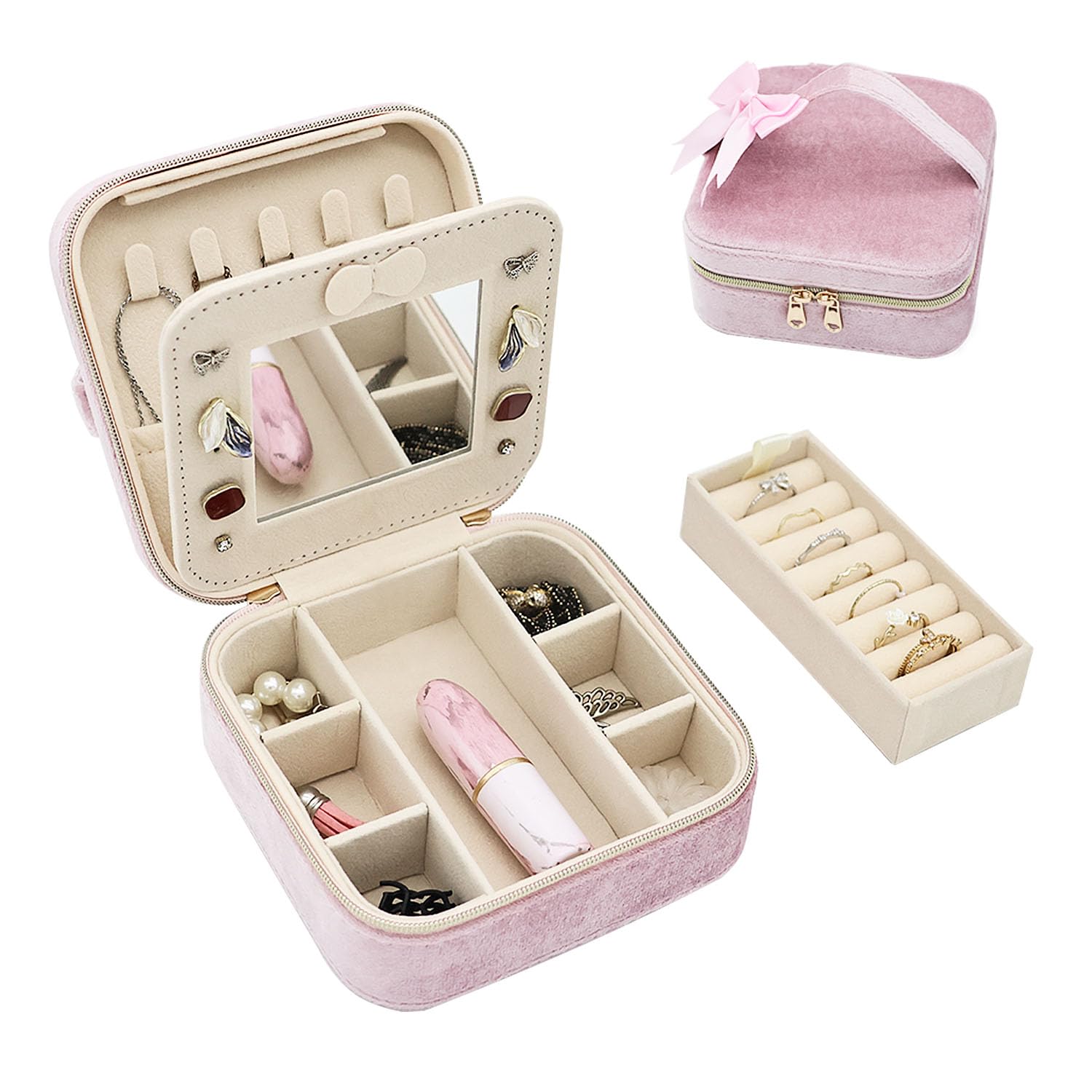 Cuifdem Travel Jewelry Case With Mirror Zipper, Velvet Small Jewelry Box for Women Girls, Square Portable Jewelry Organizer for Travel (Pink)