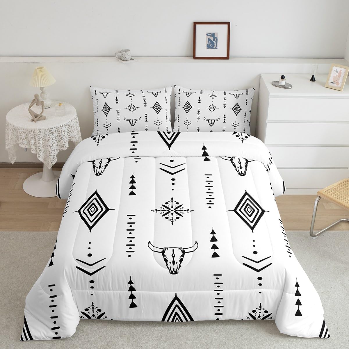 Erosebridal Western Bull Skull Comforter Set King Size Boho Aztec Bedding Set for Adults Men Boys Ethnic Cow Tribal Comforter Geometric Black and White Quilt Abstract Minimalist Ethnic Bedroom Decor