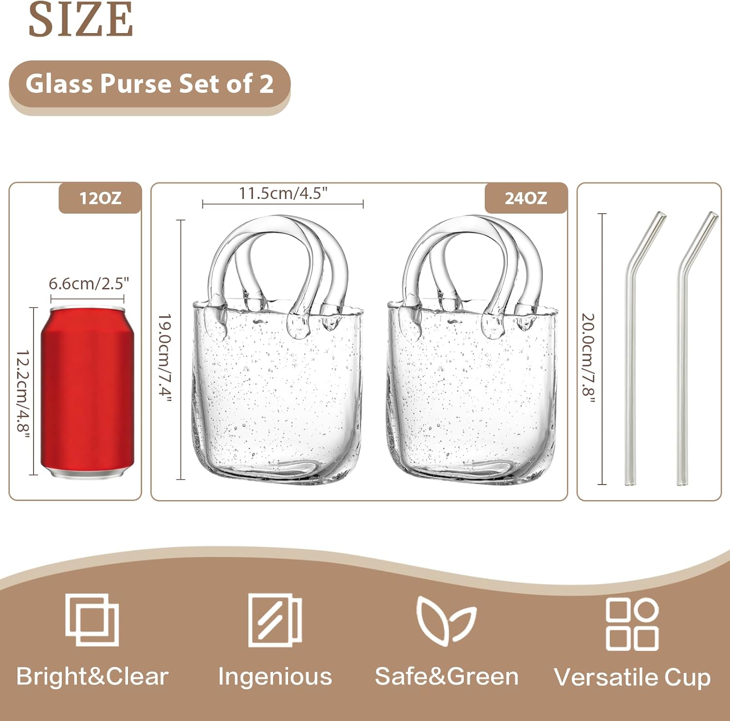 Glass Purse for Drinks Set of 2,24oz Unique Funky Thick Wine Glasses Gifts for Women Party,Fish Bowl Vase,Creative Unique Drinking Glass for Fruit Juice,Tea,Matcha,Coffee,Flowers (Bubbled)