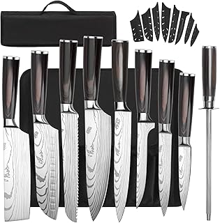 Messerset Gustrug 8-tlg Küchenmesser Set mit Messerschärfer, Scharf Messer Set aus Hochwertigem Carbon Edelstahl, Profi Kochmesser Set mit Ergonomischen Griff