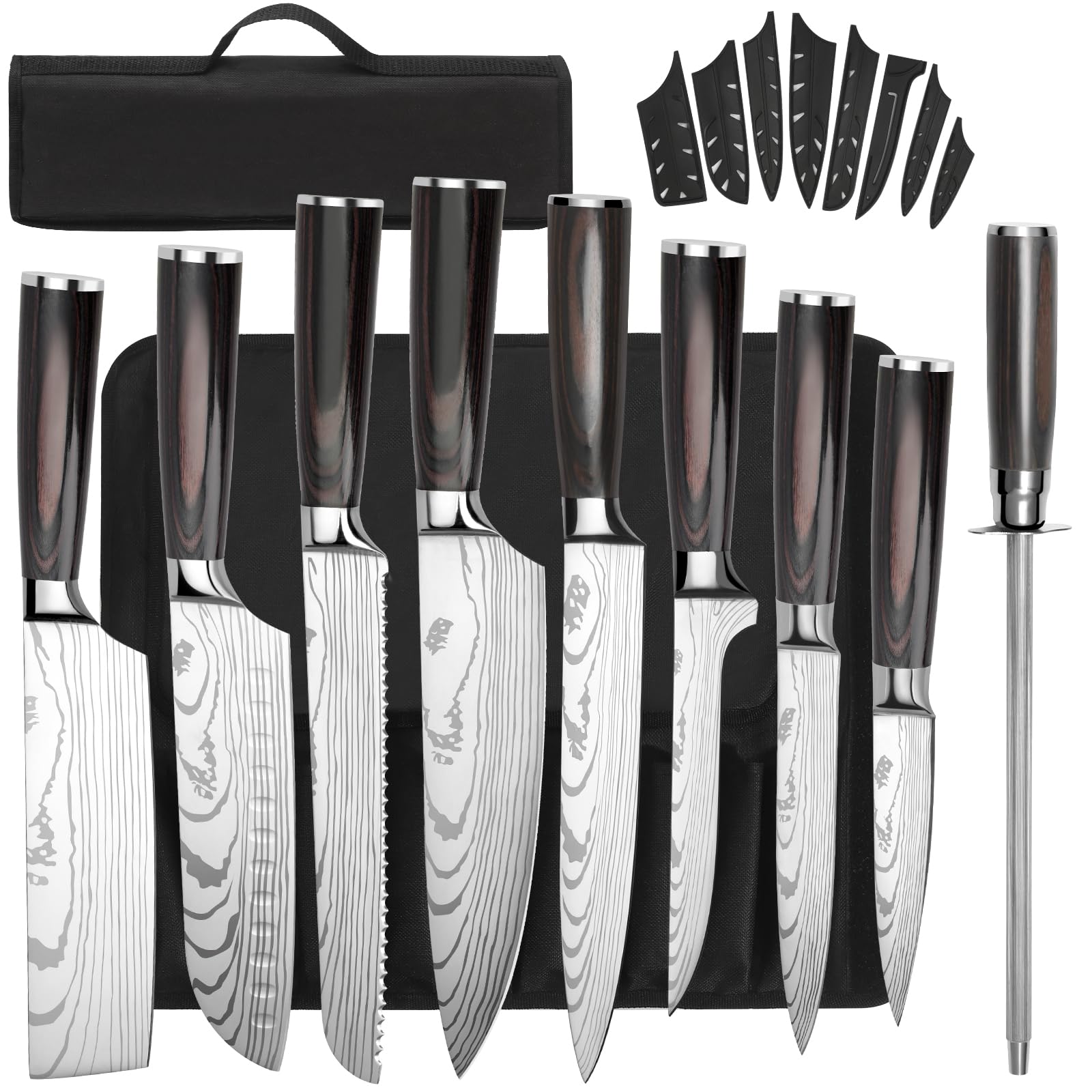 Messerset Gustrug 8-tlg Küchenmesser Set mit Messerschärfer, Scharf Messer Set aus Hochwertigem Carbon Edelstahl, Profi Kochmesser Set mit Ergonomischen Griff