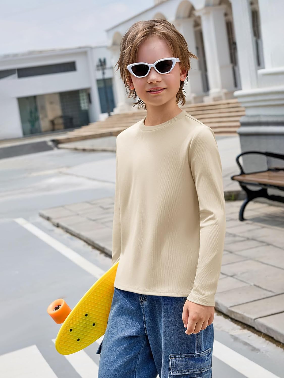 Haloumoning Boys Ribbed Long Sleeve Shirts Kids Casual Crewneck Solid Tops Tees 5-14 Years - Image 4