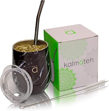 Kalmateh Yerba Mate Gourd - Double Walled Stainless Steel with BPA Free Lid, Bombilla Filter Straw & Bombilla Cleaner -Black Marble, 8 oz