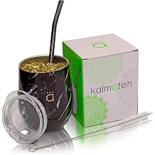 Kalmateh Yerba Mate Gourd - Double Walled Stainless Steel with BPA Free Lid, Bombilla Filter Straw & Bombilla Cleaner -Black Marble, 8 oz