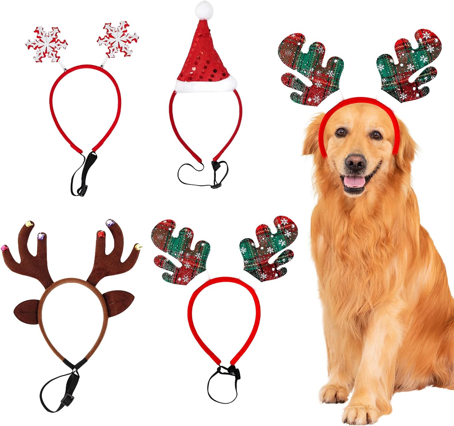 Tocado de Navidad para perros: 4 piezas Navidad reno cuernos tocado alce tocado diadema ajustable Navidad mascota diadema accesorios de disfraz de Navidad para perros