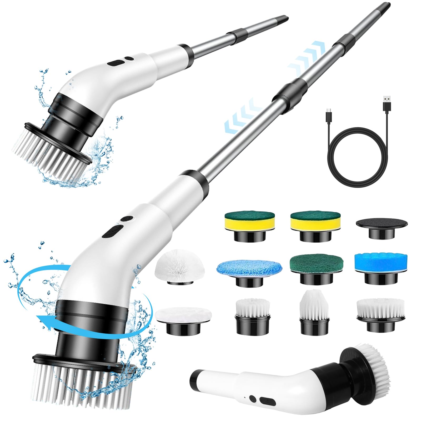 Brosse Electrique Nettoyage 10 en 1 Brosse Rotative Nettoyage 3 Vitesses Réglables Brosse de Nettoyage Electrique avec Telescopique 140cm pour Salle de Bain, Sol, Cuisine, Terrasse