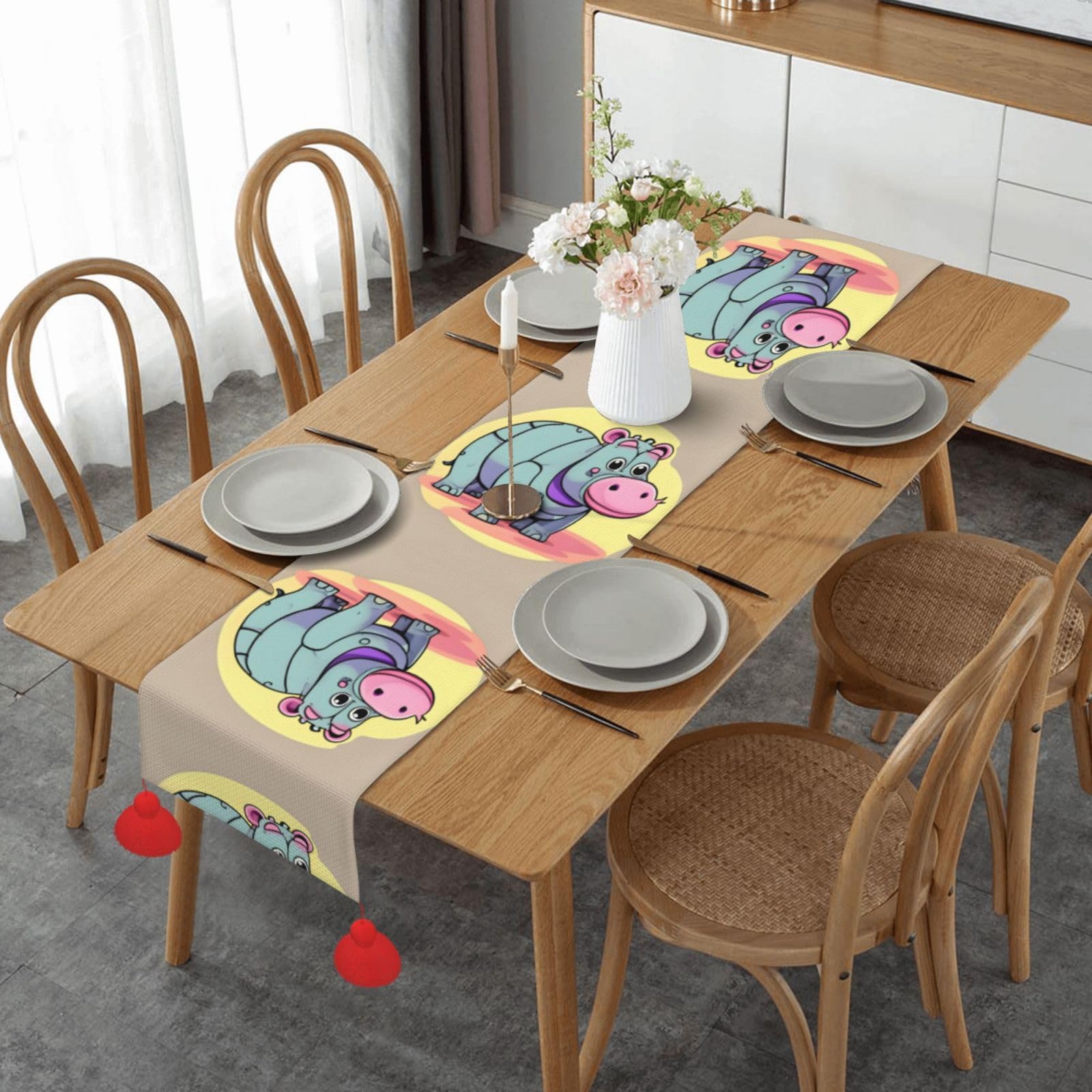 Chemin de table rustique dessin animé hippopotame au design long et unique