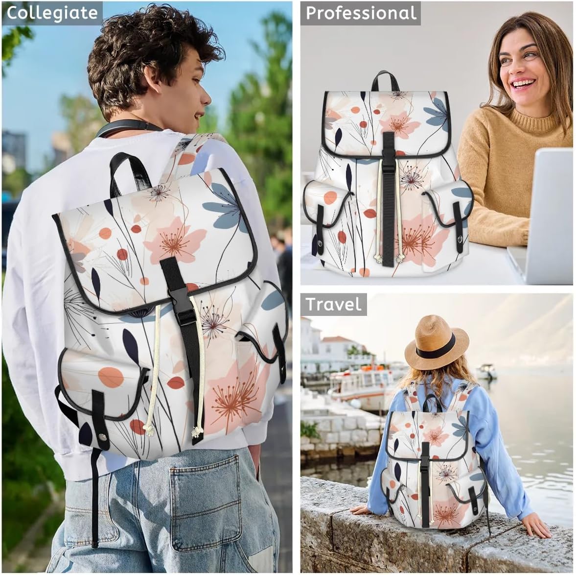 Flower Floral Pattern Waterproof Laptop Backpack for Men Women Vintage Style Backpack Large Storage Carry on Backpack for Travel & Work Fits 15-inch Notebook