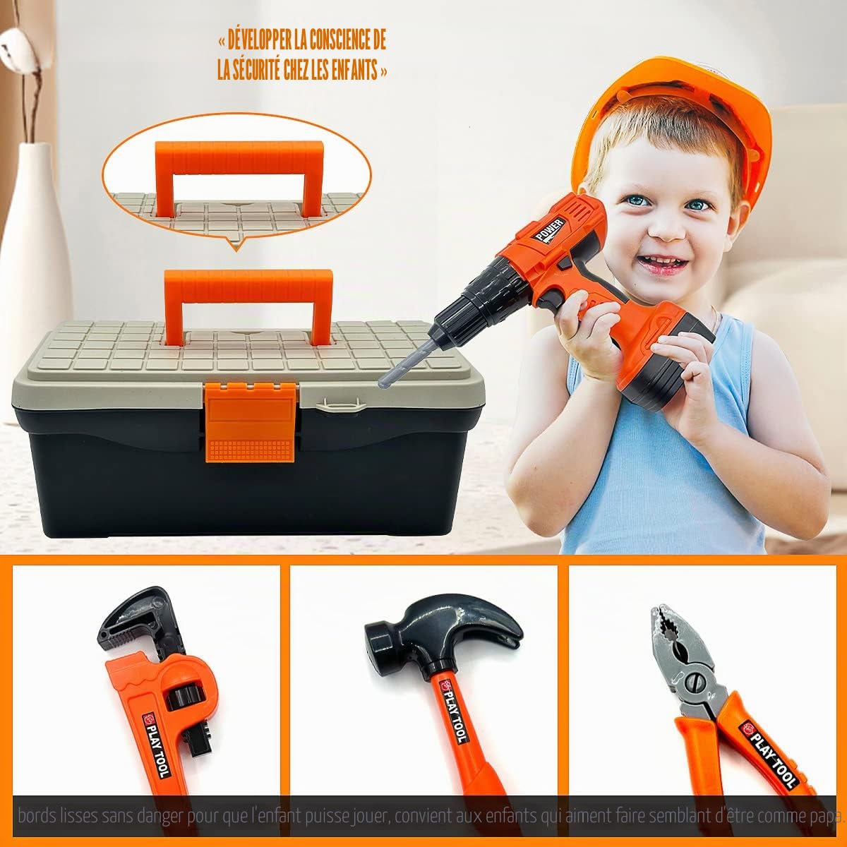 45 Pièces Outils de Travail Jouet Enfants Constructions Boîte à Outils avec Perceuse Jeu D'imitation Jeu Éducatif Anniversaire Noël Cadeau pour Enfants 3 4 5 6 7 8 Ans