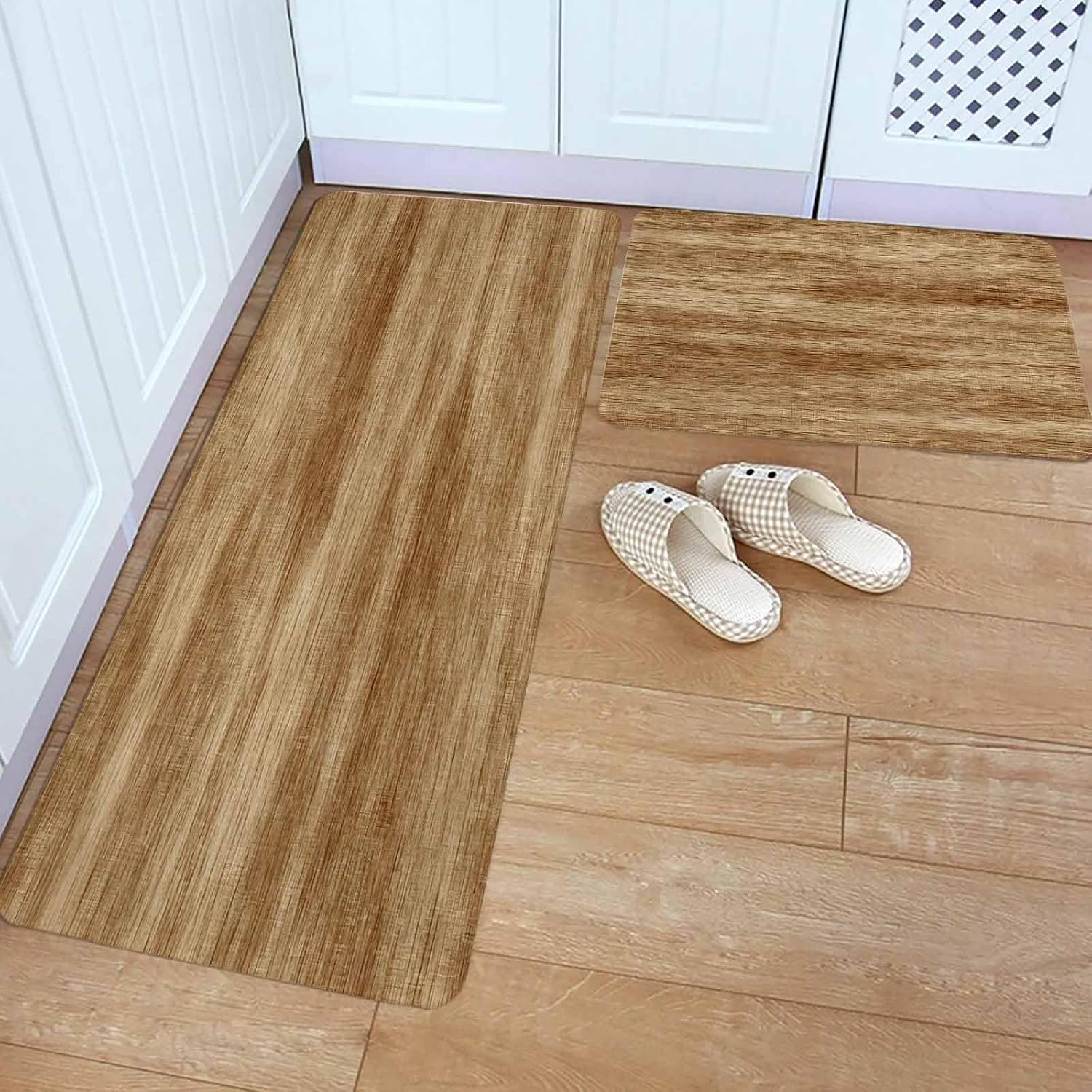 Brown Wooden Kitchen Rugs and Mats Set of 2, Non-Slip Kitchen Sink Mat, Vintage Western Country Wooden Plank Washable Doormat Bathroom Rugs Runner for Bedroom/Living Room 19.7"x23.6"+19.7"x47.2"