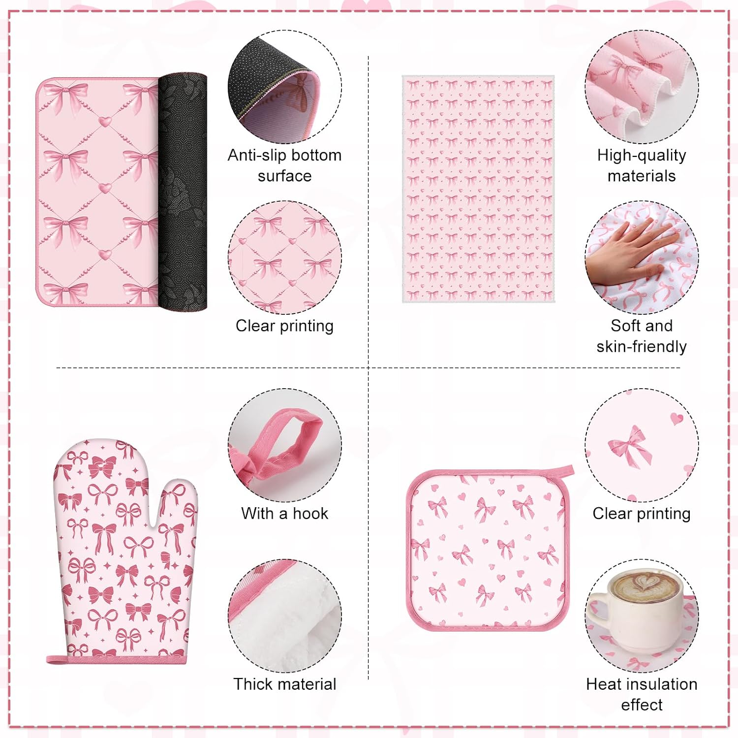 Potchen 10 Pcs Pink Bow Kitchen Dish Towels Rugs Oven Mitts and Pot Holders Set Pink Bow Coquette Farmhouse Kitchen Decor Set for Women Mom Daughter Gift Cooking Baking