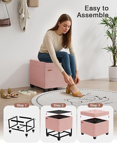 Miniatura 4 de ASND64P - Banco otomano de almacenamiento de terciopelo, reposapiés suave con compartimento oculto, soporta 770 libras, fácil montaje,