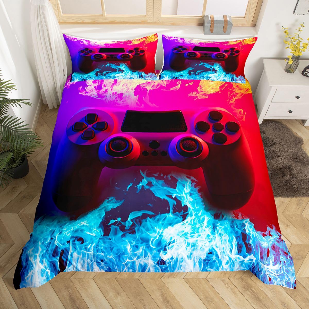 Homewish Teen Gamer Tröster Abdeckung 3D Feuer Gamepad Gedruckt Bettwäsche Set Virtuelle E-Sport Bettdecke Kinder Jungen Spiel Controller Flamme Bettdecken Abdeckung Kind Gaming Beddecor 2pcs 135×200