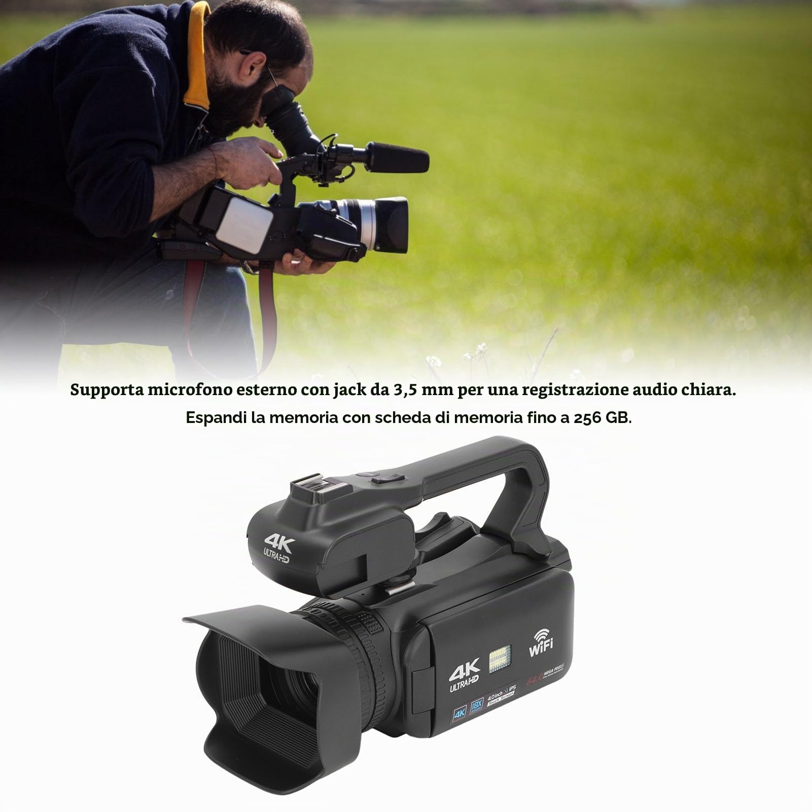 flexman Videocamera 4K Videocamera, 64MP 18X Zoom Digitale Touch Screen 4 pollici Visione notturna Vlog Camera con telecomando Microfono Luce riempimento Parasole Stabilizzatore