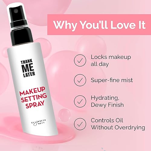 Vista 12 de Espray fijador de maquillaje facial Elizabeth Mott Thank Me Later para piel grasa. Espray de acabado mate, hidratante y ligero. Sin crueldad