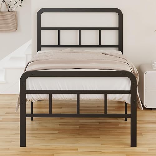 Miniatura 30 de EMODA Marco de cama de tamaño individual de 16 pulgadas con cabecera tapizada y estribo de metal, base de colchón de soporte de listones de metal