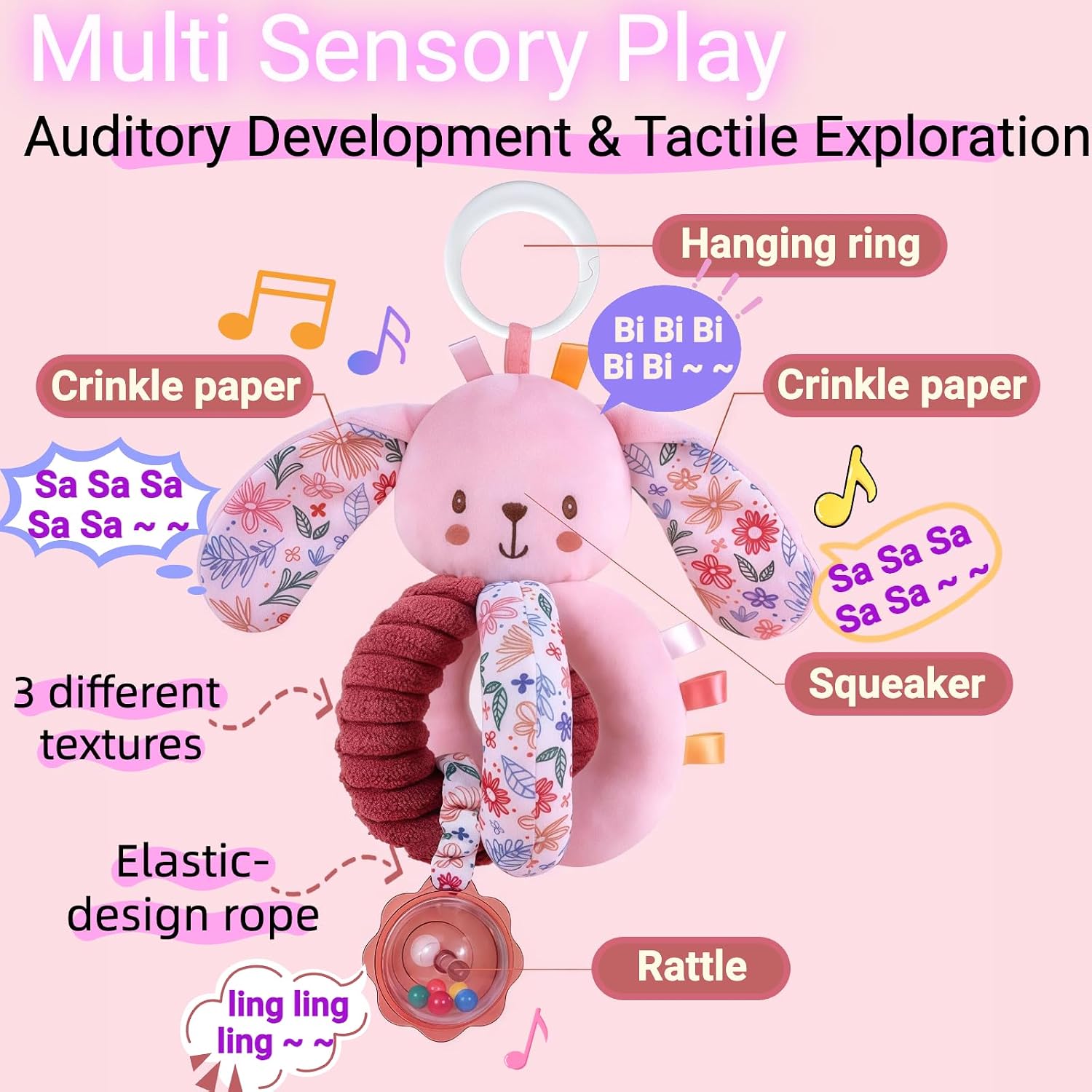 Baby Stroller Hanging Car Seat Toys for Infants 0-6 Months Girl 0-2-3-4-5-7-8-9-10 6-12-18 Month Old Newborn Gifts, Carseat Pink Plush Bunny Travel Toy for Babies Boy Play Gym Rattle Squeaky image 2