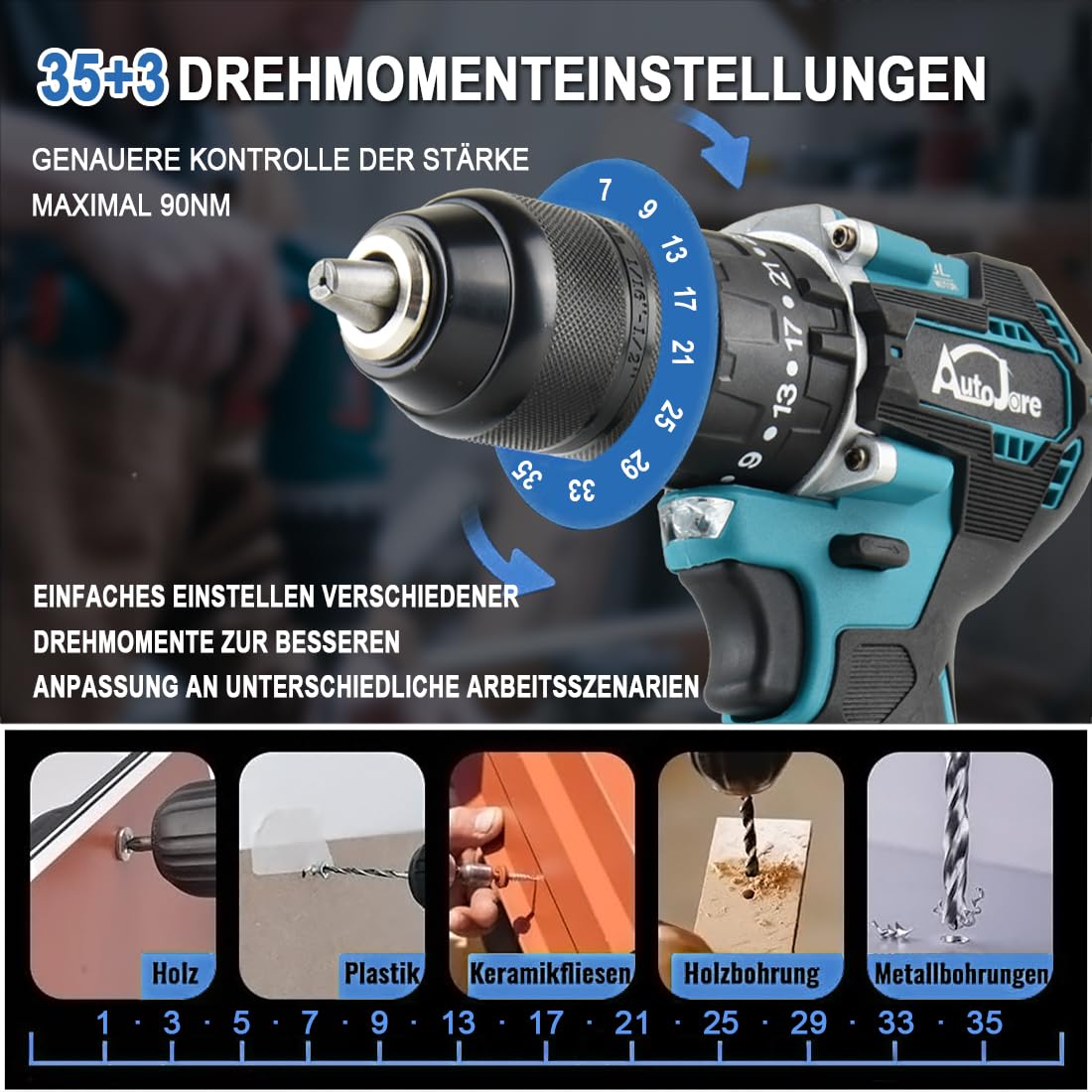 Akumulatorowa wiertarko-wkrętarka udarowa, kompatybilna z Makita 18 V, 13 mm, bezszczotkowa wiertarko-wkrętarka 35 + 3 poziomy momentu obrotowego 90 Nm, 2 regulowane stopnie wkrętarki