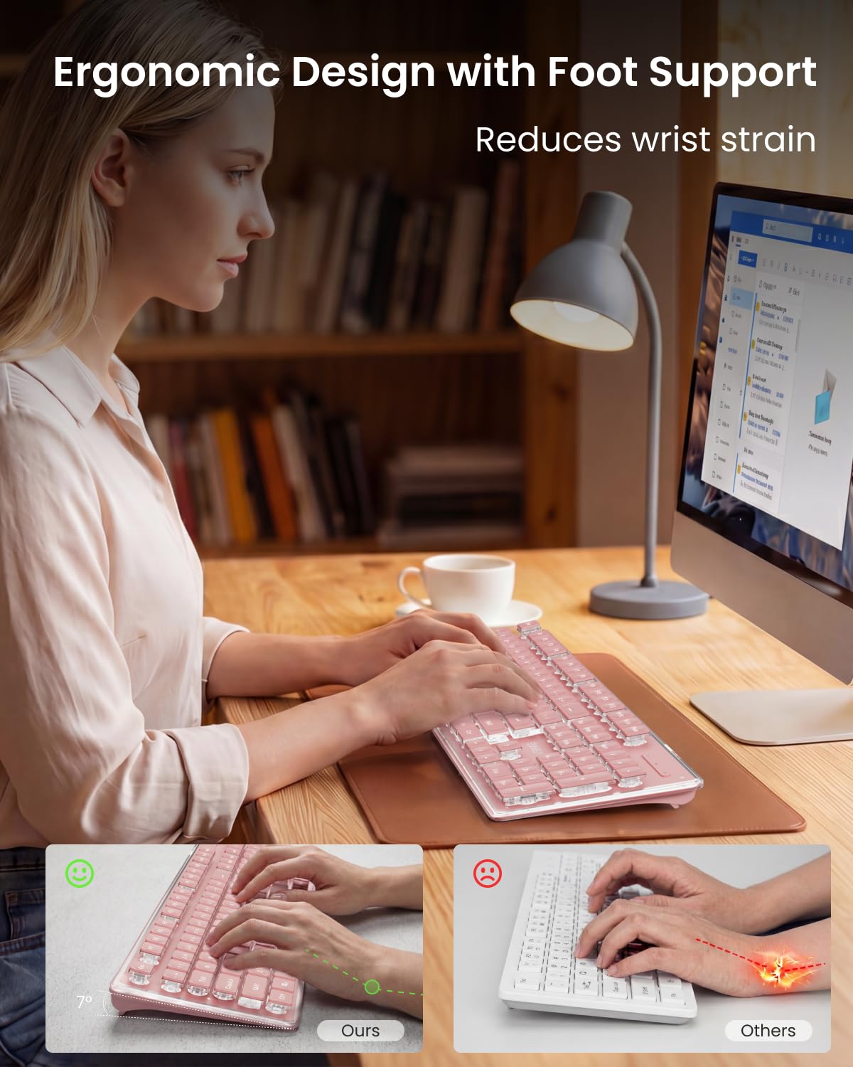 SEUNKWANG EWEADN X7S - Tastiera wireless con retroilluminazione bianca, pannello in metallo, 2,4 G, ricaricabile, silenziosa, per Win e Mac, colore rosa