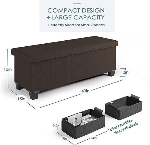 Miniatura 3 de Banco otomano de almacenamiento con contenedores de almacenamiento, banco de almacenamiento de 43 pulgadas para el extremo de la cama, reposapiés