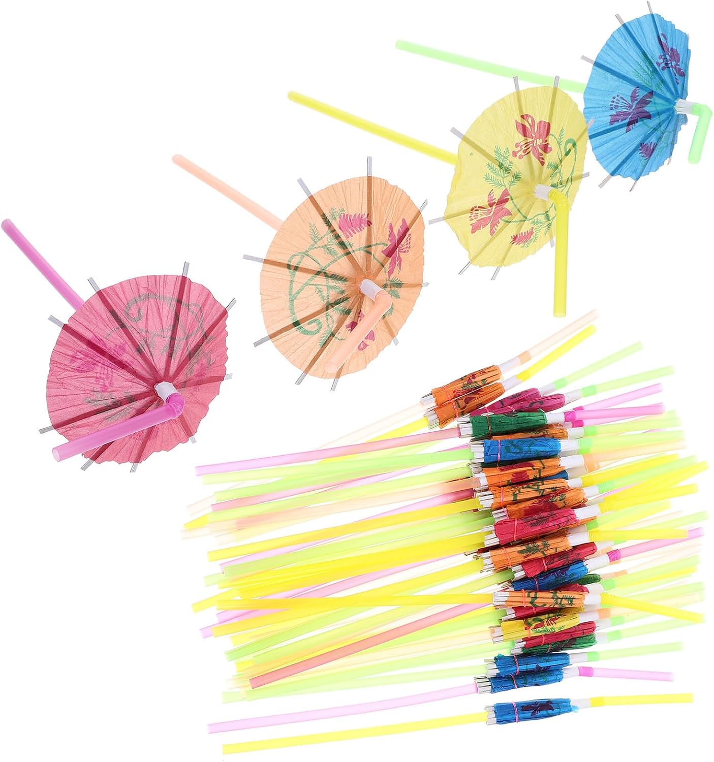 100pcs Disposable Bent Umbrella Straws Party Flower Drinking Straws for Birthday Party Supplies Colorful Paper
