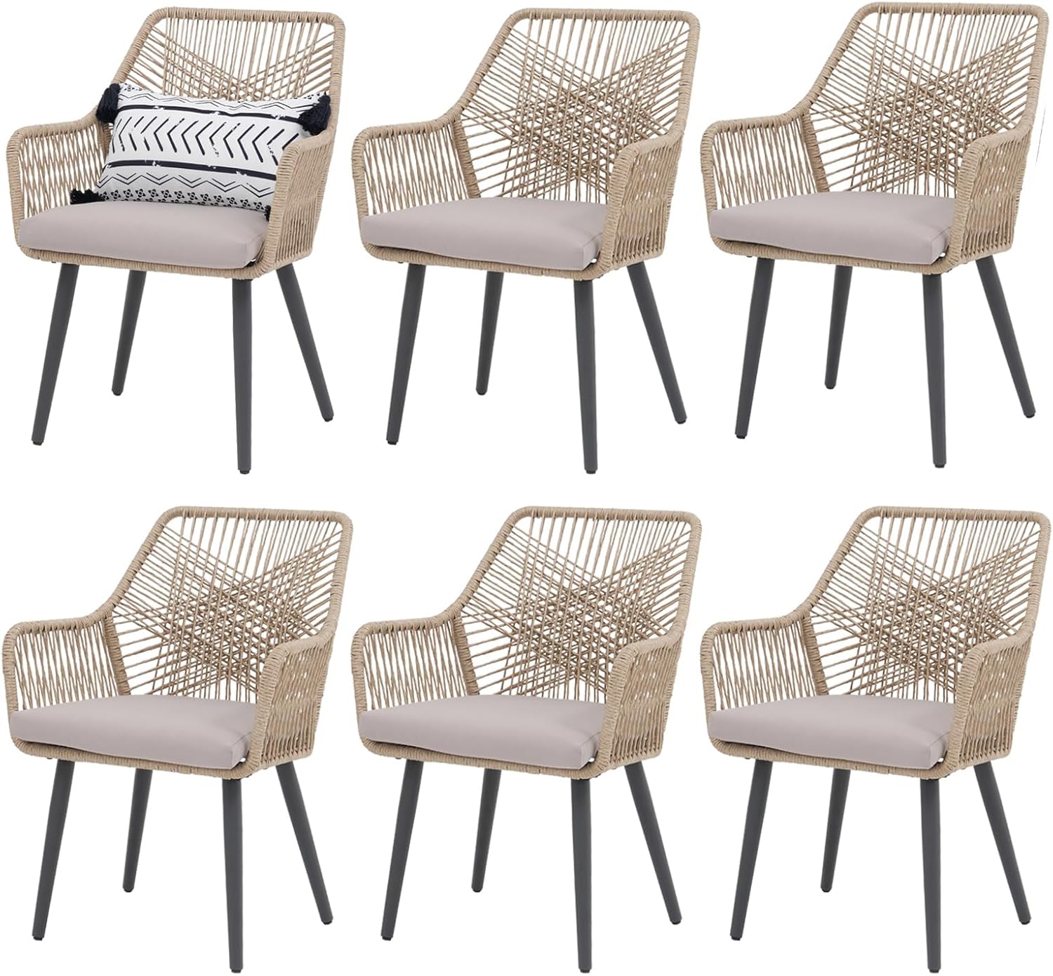 Patiorama Patio Dining Chair Set of 6, Woven Rope Outdoor Dining Chair w/Steel Frame, All-Weather Twisted Rattan Chairs w/Armrest & Cushion, Outdoor Dining Wicker Chairs for Backyard Garden(Beige)