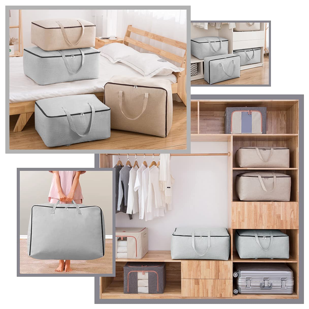 Bolsas de almacenamiento suaves de lona transpirable con asas y cremallera de 3 lados, buenas para ropa de algodón, organizador de ropa de cama, color beige, 3 unidades