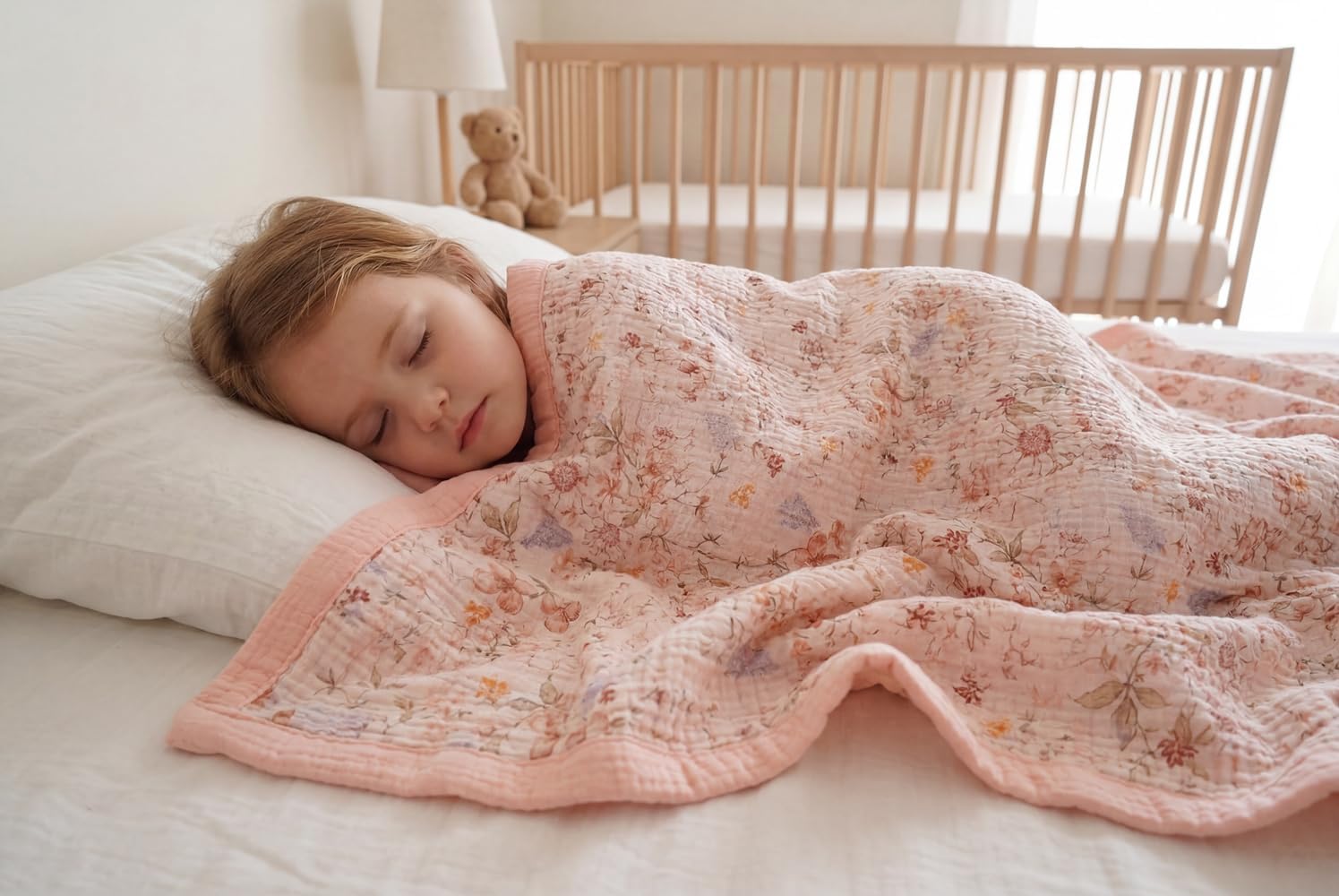 Muslin Baby Blankets for Girls, 100% Cotton Crib Blanket for Infant Toddler, 4 Layer Reversible Breathable Soft and Lightweight Nursery Swaddling Wrap 47"x47" (Floral) (Watercolor Flower)