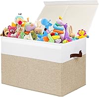 Gowee Large Toy Storage Box with Lid & Removable Dividers - Sturdy 25x13x16 Inch Organizer for Kids Toys, Nursery, Bedroom, Playroom (Beige & White)