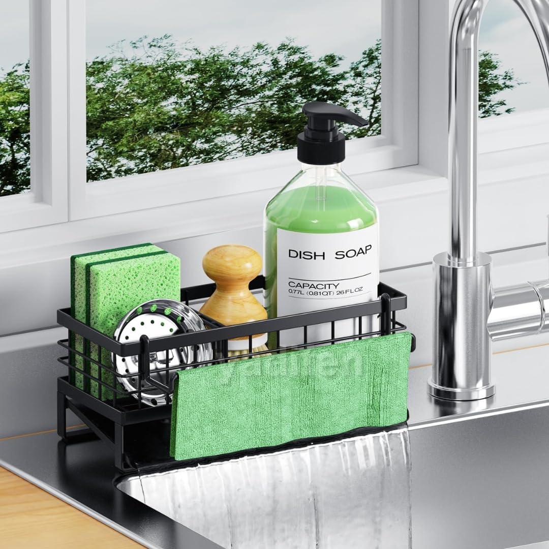 Kitchen Sink Organiser Organizer Soap Stand for Holder Sponge with Drainage – Sink Counter Storage (Black)
