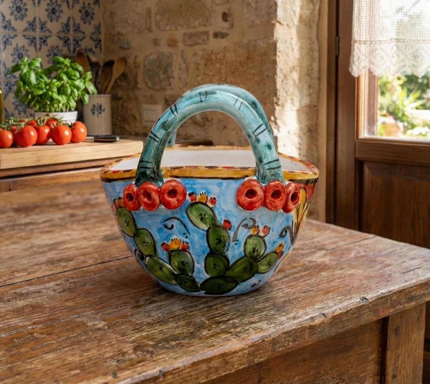 Sac en céramique sicilienne de Caltagirone fait main de 10 cm bleu céleste