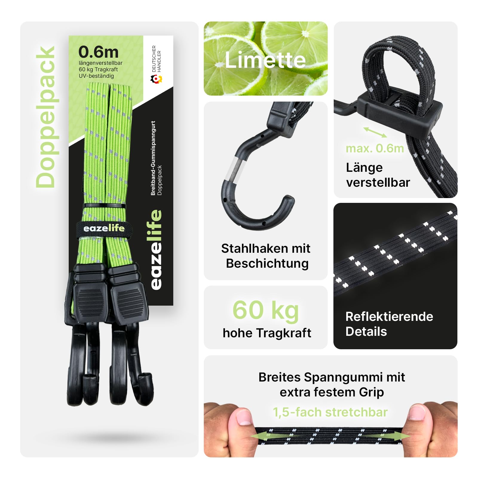 Eaze Life Set of 2 Rubber Tension Straps, Adjustable Reflective Wide Band Expander with Metal Hooks - Image 2