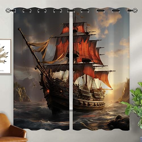 Miniatura 10 de Cortinas opacas piratas para decoración del hogar, diseño náutico de pulpo con ojales, aislamiento térmico, para dormitorio, sala de estar, 42 x 45