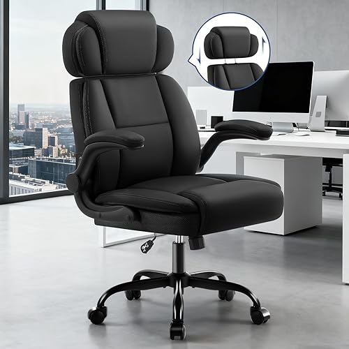 Miniatura 3 de Silla de oficina ergonómica con reposacabezas ajustable, silla de escritorio ejecutiva de piel sintética, reposabrazos abatibles acolchados, soporte