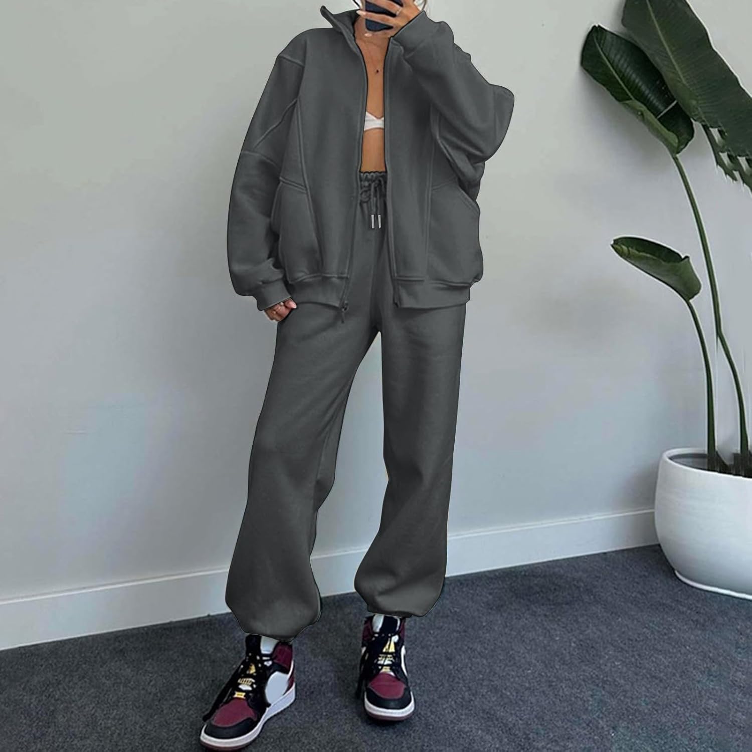 [YIXNGLNSFK] セットアップ ジャージ レディース セットアップ ジャージ 部屋着 立ち襟 トレーナー 長袖 ジップアップ