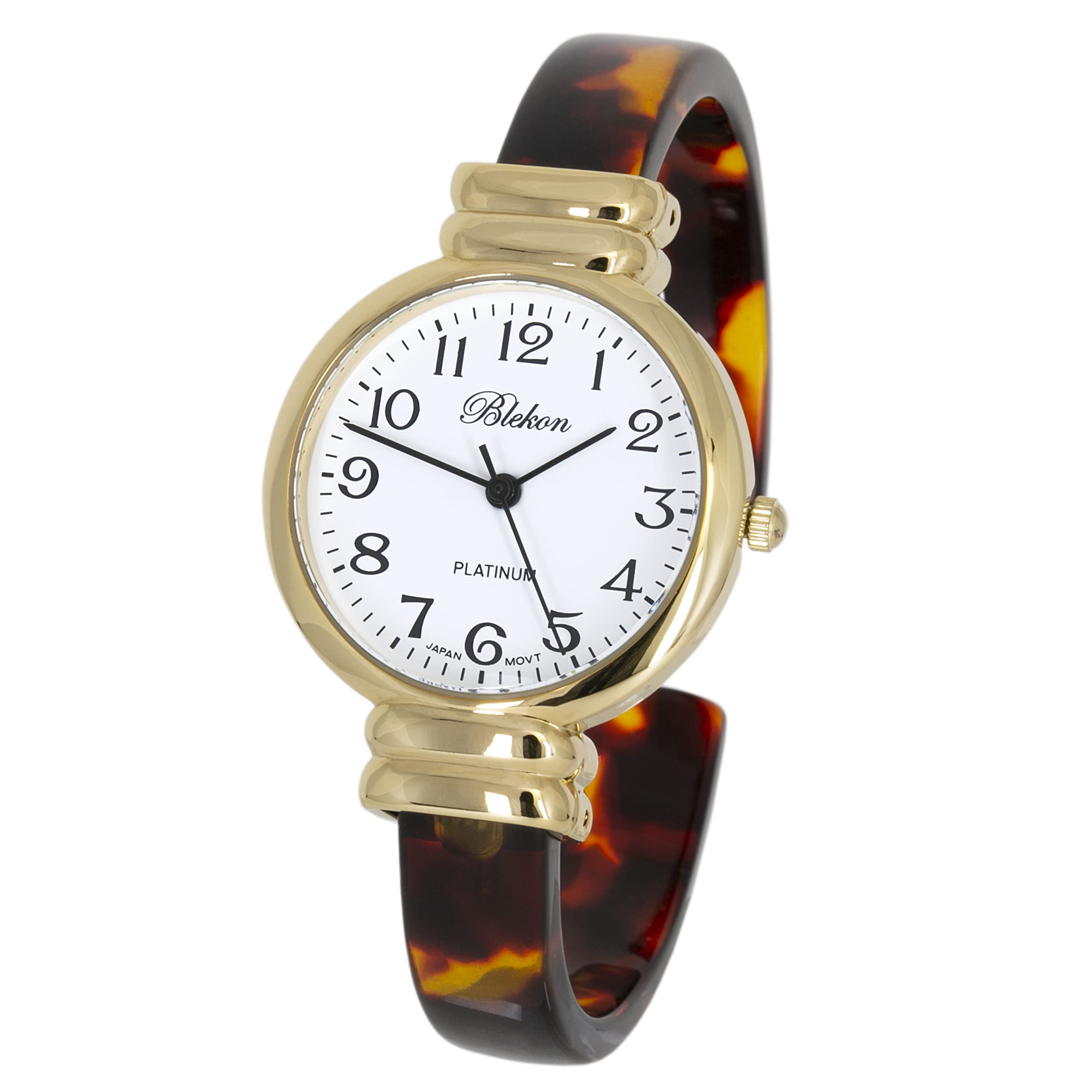 Blekon Collections Women's Round, Oval, Rectangle Case Shapes Acrylic Tortoise Shell Color Design Cuff Bangle Watch